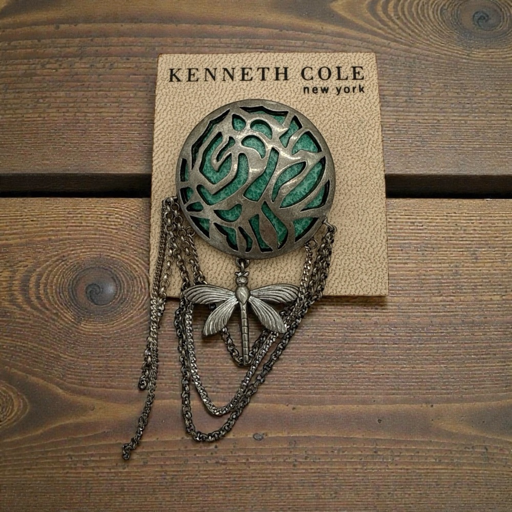 NEW- Vintage Kenneth Cole New York Green & Antiqued Silver Brooch- Articulating
